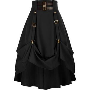Women Goth Steampunk Skirt High Waist Pirate Midi A-Line Skirt w Pockets S-2XL